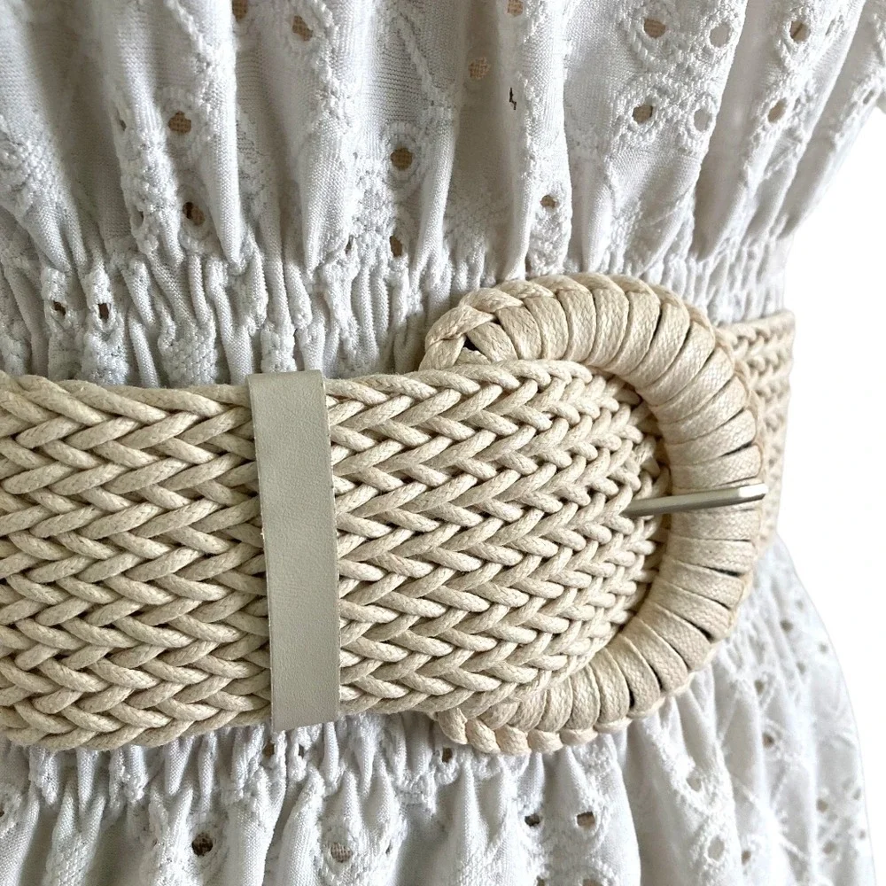 Natural Woven Faux Straw Wide Waist Belt Chunky Round Buckle Cottage Boho summer
